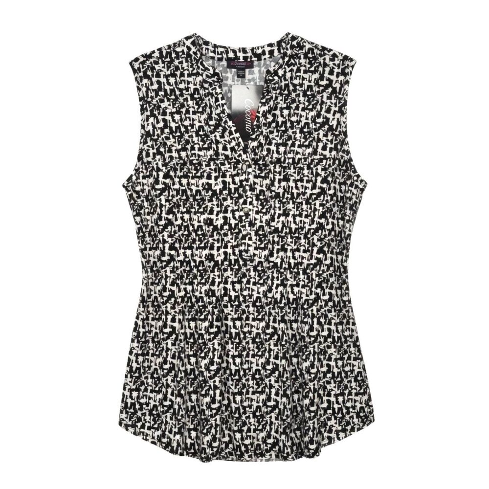Cocomo Women's Plus Size 1X Black White Geo Print Studded Pintuck Sleeveless Top